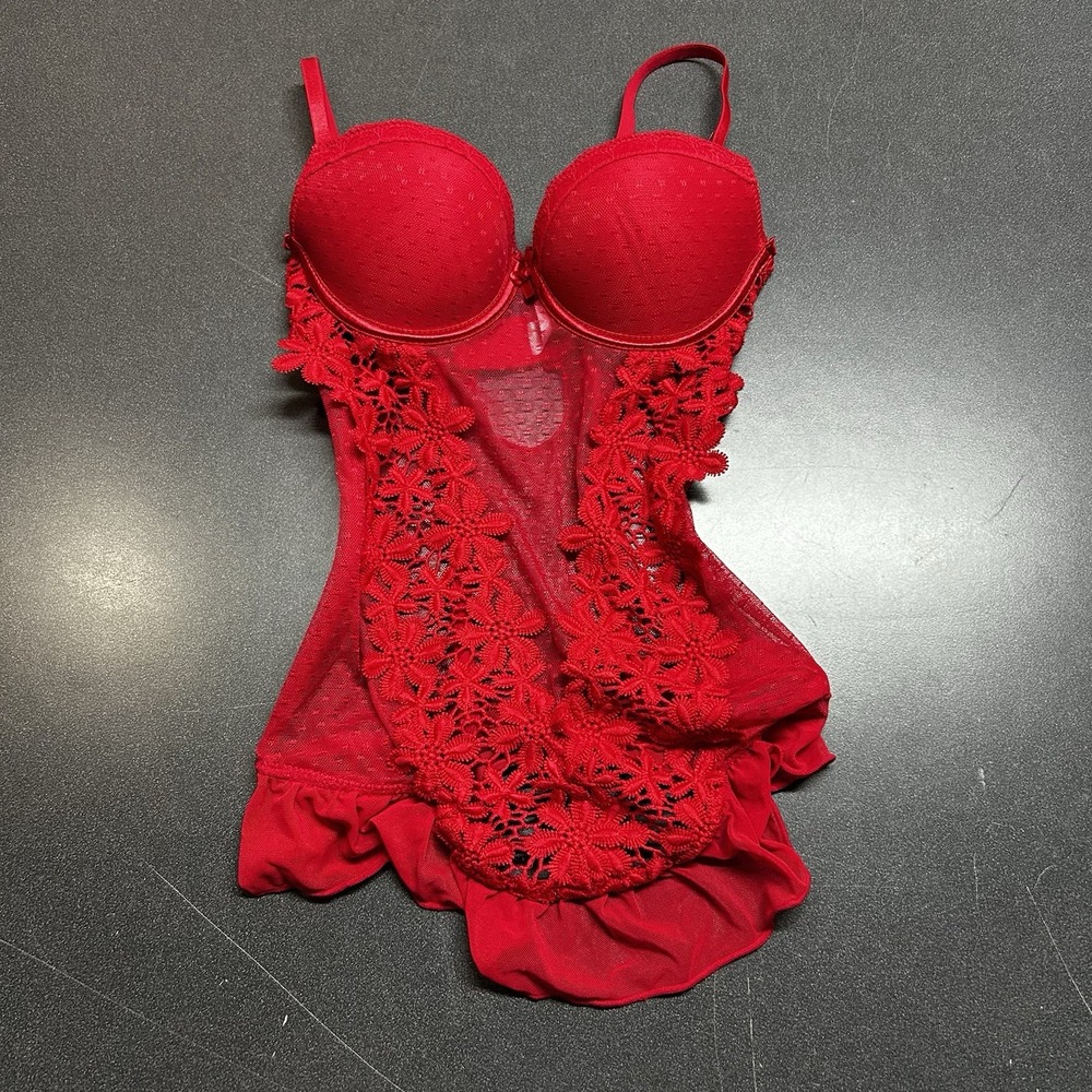 Red CORSET Bra Top Sheer FLORAL LACE Coquette Size M Banded Ruffle Trim